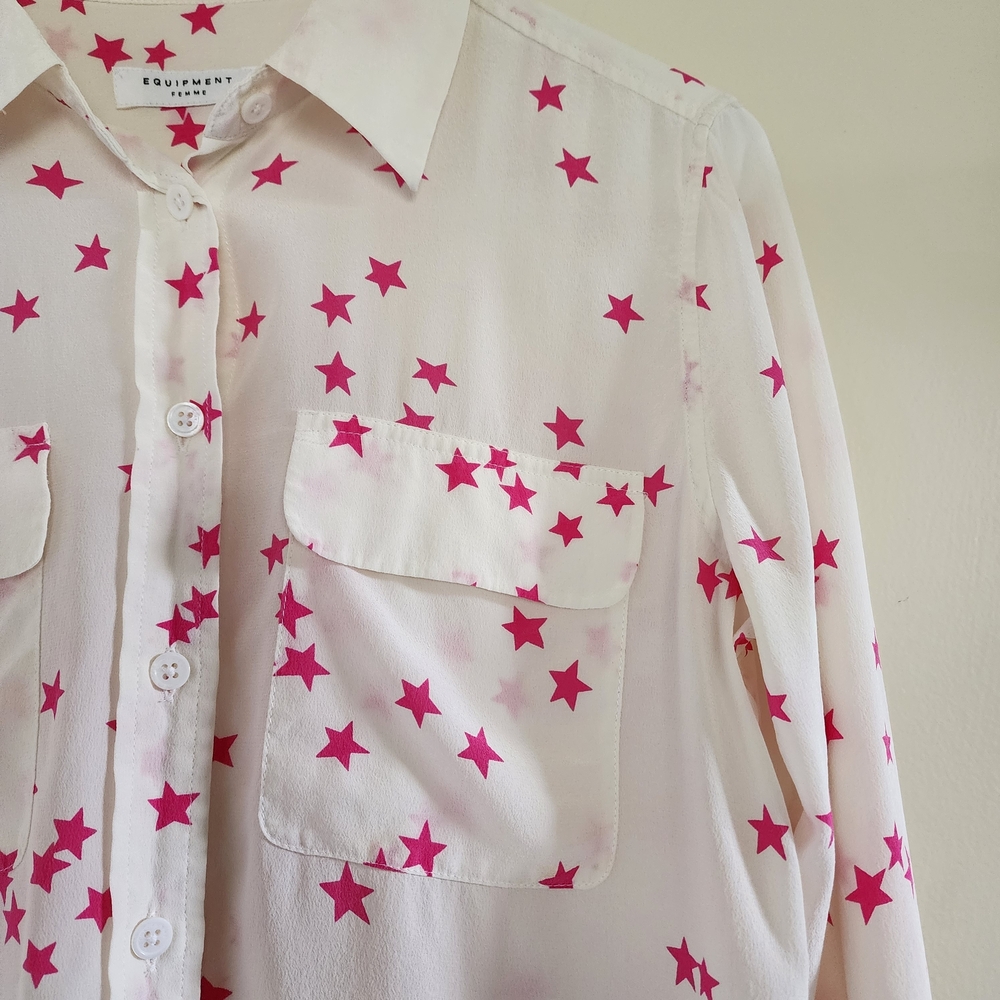 EQUIPMENT Slim Signature Silk Star Print Shirt White/Pink Size Small - Picture 8 of 13